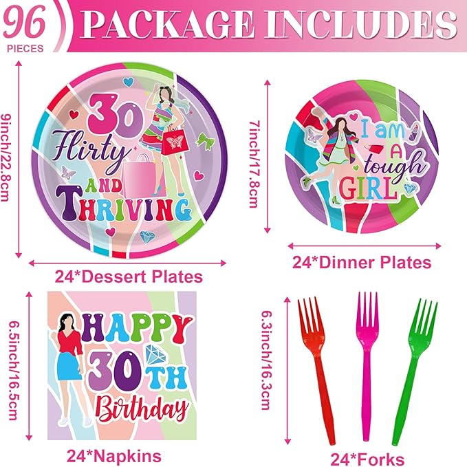 96Pcs Thirty Flirty and Thriving Party Supplies 30 Flirty and Thriving Paper Plates Napkin 30th Birthday Decoration for Her Women Talk 30 to Me 30th Birthday Dinnerware Party Favor Tableware Serves 24