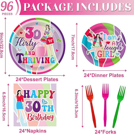 96Pcs Thirty Flirty and Thriving Party Supplies 30 Flirty and Thriving Paper Plates Napkin 30th Birthday Decoration for Her Women Talk 30 to Me 30th Birthday Dinnerware Party Favor Tableware Serves 24
