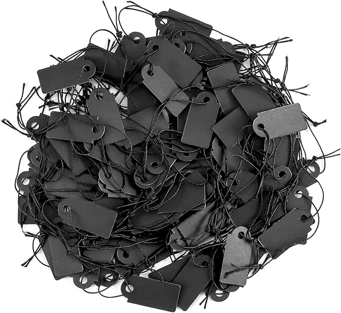 200 Pcs Black Price Tags, Gift Tags with Elastic String, Jewelry Price Tag Writable Kraft Gift Tag for Clothes Jewelry Stocking Stuffers(Black,1×0.47inch