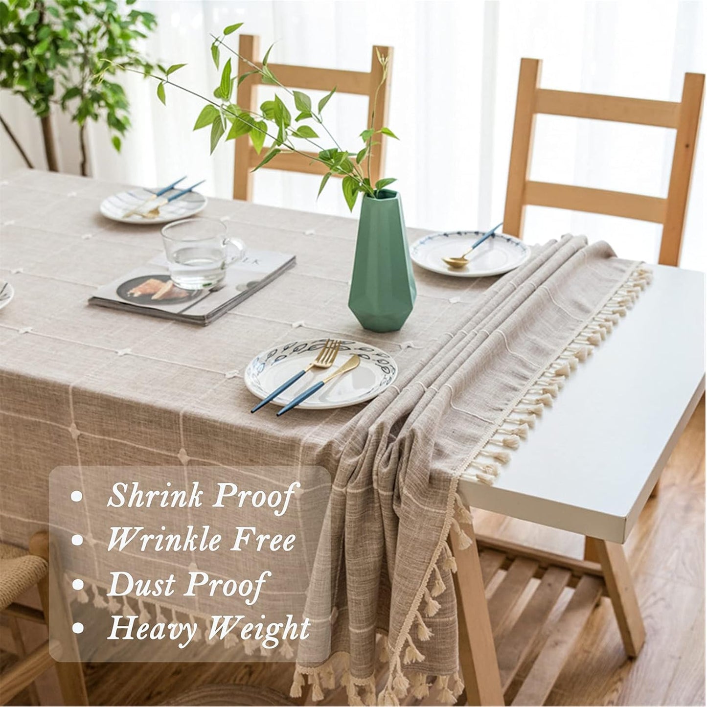 Cotton Linen Tablecloth, Tassel Stitching Table Cloth, Wrinkle Free Farmhouse Table Cover for Kitchen Dining, Party, Holiday (Rectangle, 55''x102'', 8-10 Seats, Plaid Beige)