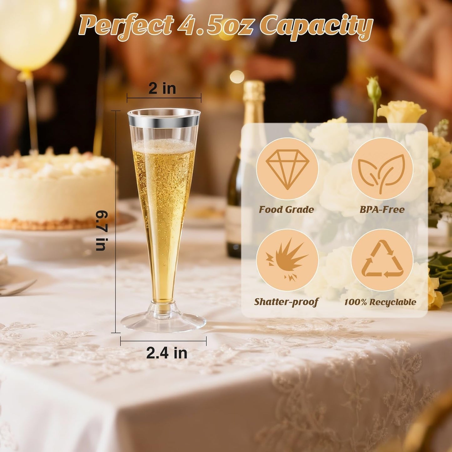 100 Pack Silver Rim Champagne Flutes Plastic Wine Glasses Disposable, 4.5 Oz Clear Silver Rim Mimosa Glasses for 2025 Engagement Wedding Birthday New Years Eve Xmas Party Supplies, Bulk Cocktail Cups