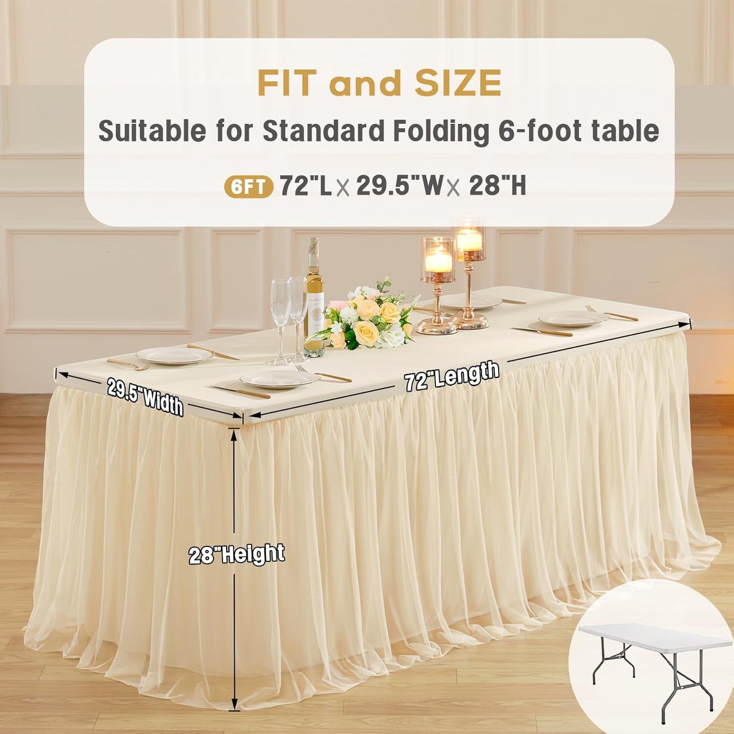 6 Pack 6ft Champagne Tulle Tablecloths for Rectangle Tables, 72 x 30 Inch Rectangular Table Cloth, Wrinkle Free Table Cover with Tutu Skirt for Wedding Birthday Party Banquet Buffet Decorations