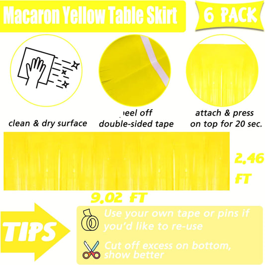 6 Pack 29x108 Inch Yellow Metallic Foil Fringe Table Skirts Banner for Tinsel Streamer Garland Curtains Backdrop for Parade Floats Wedding Baby Shower Birthday Christmas Halloween Party Decoration