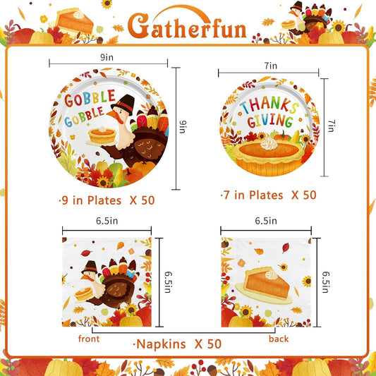 Thanksgiving Turkey Party Supplies Kit - Autumn-Themed Disposable Dinnerware Set with Plates and Napkins for 50 - for Thanksgiving Party Decoration