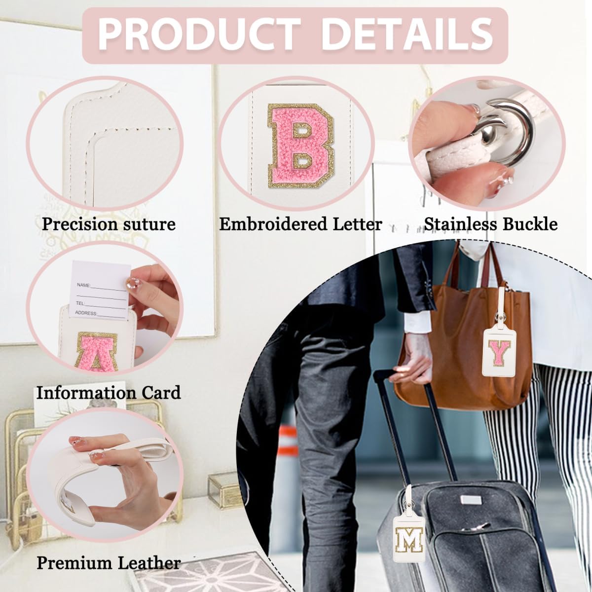 Personalized Initial Luggage Tags for Suitcases, Leather Chenille Letter Cute Luggage Tags with Privacy Name Card, Embroidered Travel Bag Backpack Tags Gifts for Women Kids Girls Teens(White-F)