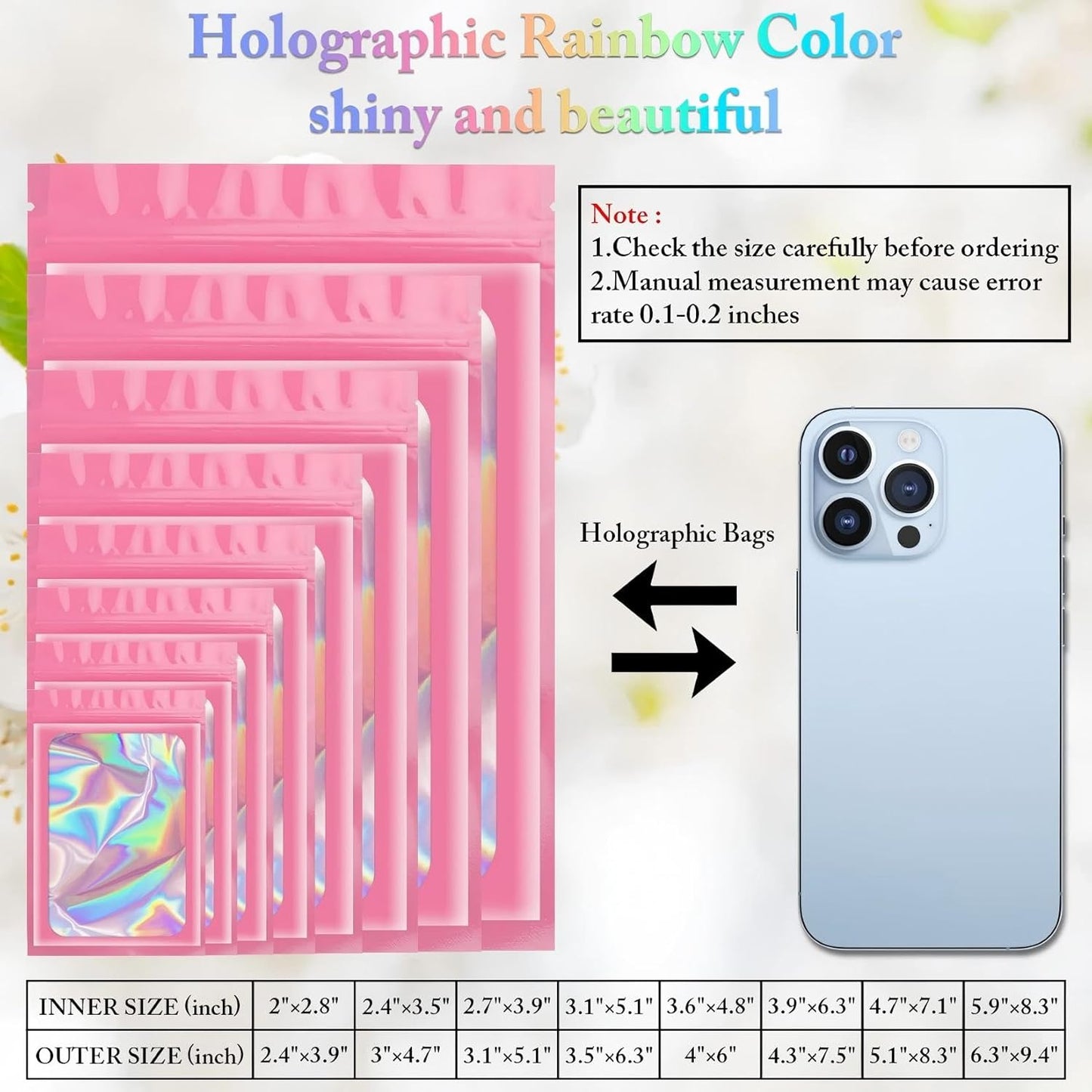 100 Pieces Smell Proof Mylar Resealable Bags, Holographic Packaging Bags, Resealable Odor Foil Pouch Zip Bag with Clear Window for Food Storage and Lipgloss, Jewelry Lash (Pink, 3.1 x 5.1 Inch)