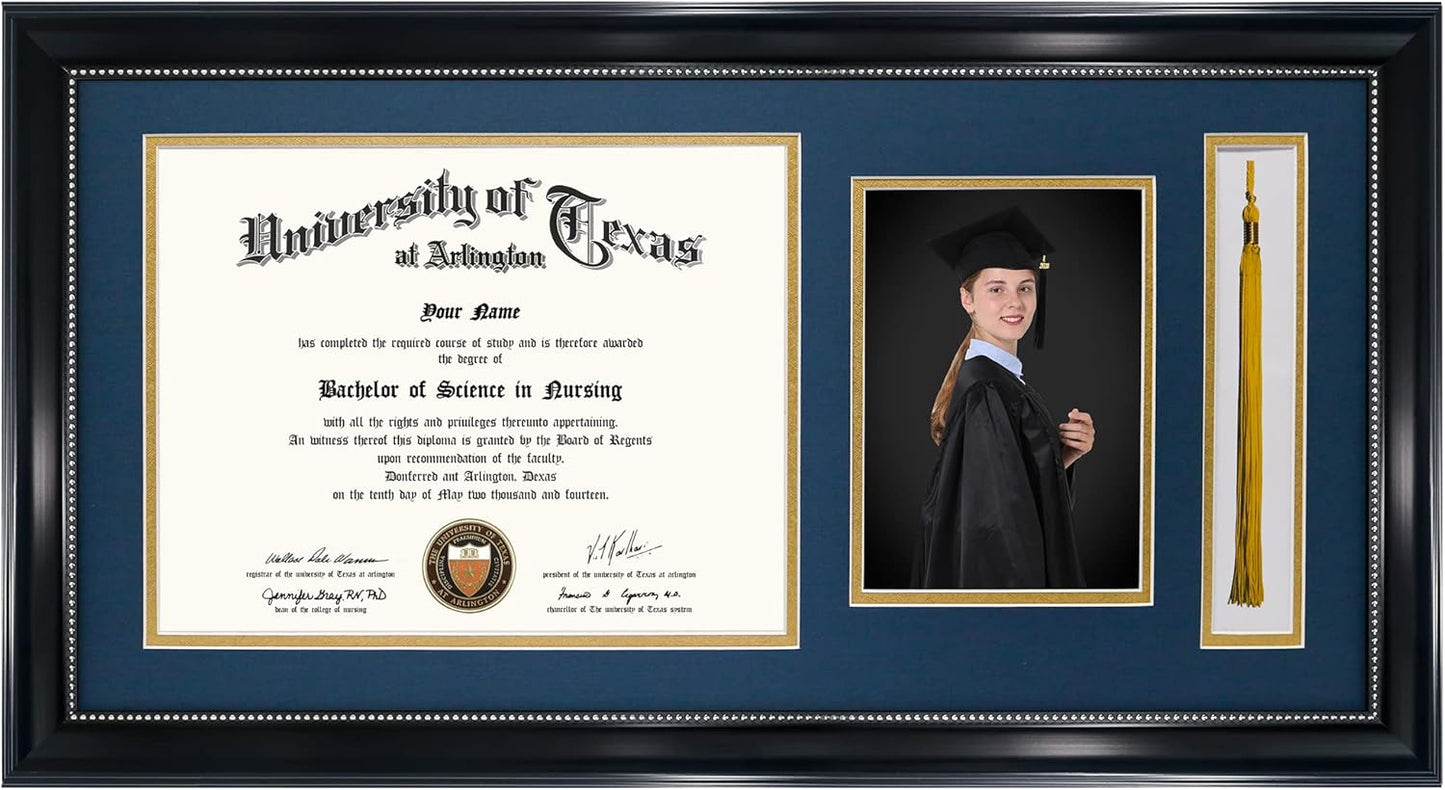 GraduationMall 11x22 Black Diploma Frame with Tassel Holder and Picture for 8.5x11 Certificate 5x7 Photo,Real Glass,Navy over Gold Mat