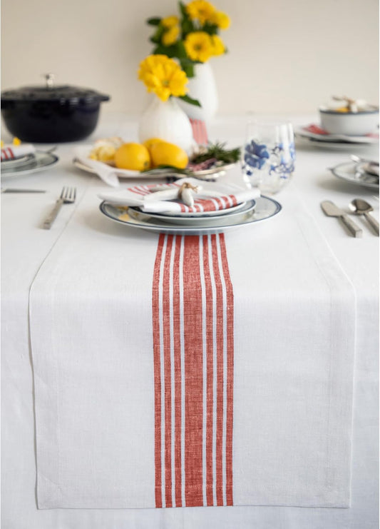 Solino Home Linen Table Runner 156 Inches Long - 100% Pure Linen Red and White Farmhouse Table Runner 14 x 156 Inch for Dining
