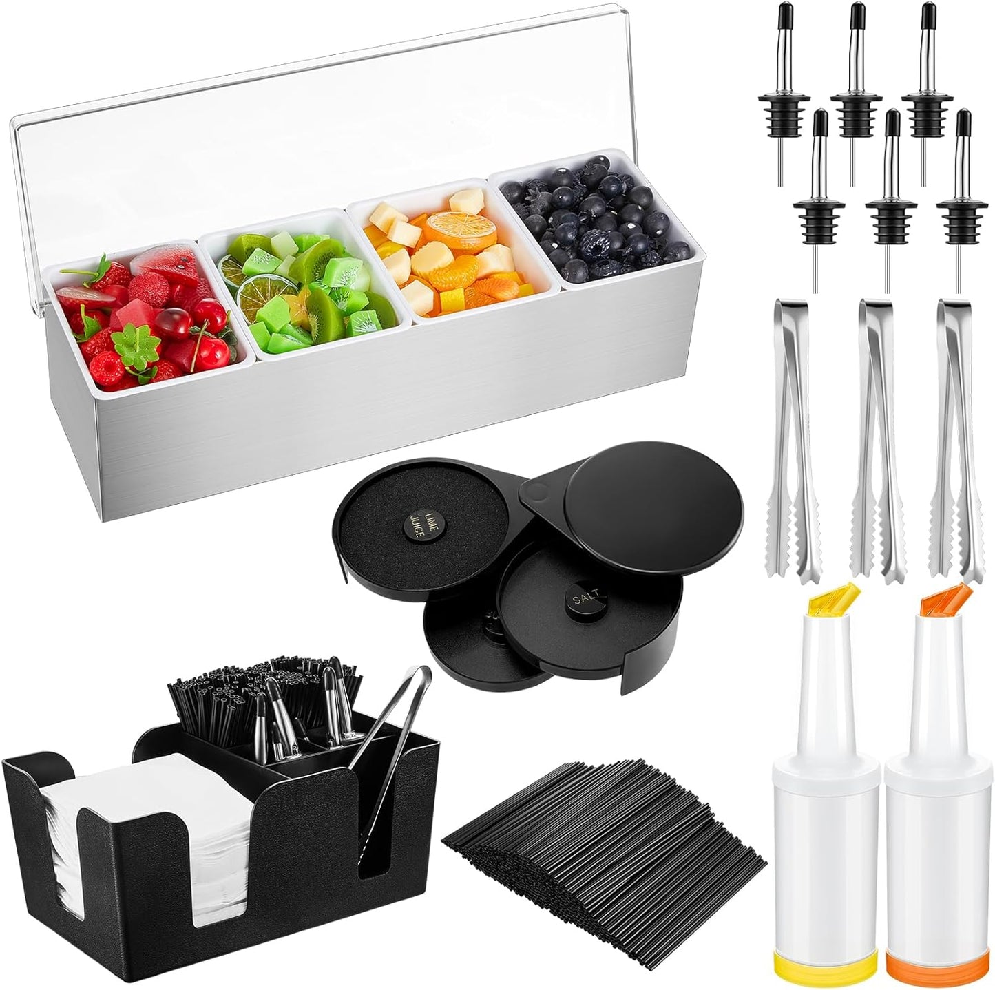 Mifoci Garnish Tray with Lid Bar Caddy 3 Tier Glass Rimmer 12 Stainless Steel Bottle Pourers 2 Plastic Juice Pour Bottles 1000 Count Cocktail Straws 3 Serving Tongs (4 Compartments,Stainless Steel)