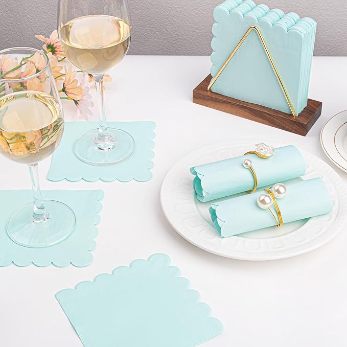 100 Pcs Cocktail Napkins Scalloped Edged Dessert Napkins Folded 5 x 5 Inches Blue Disposable Napkins for Dinner Wedding Birthday Party