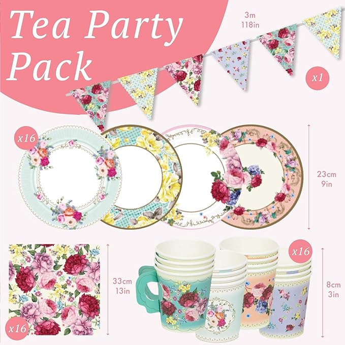 Talking Tables 50pcs Floral Afternoon Tea Party Decorations Tea Party Set Pretty Paper Plates Floral Napkins Tea cups Bunting for Birthday Mother's Day Bridal Shower Baby Shower for 16 Guests