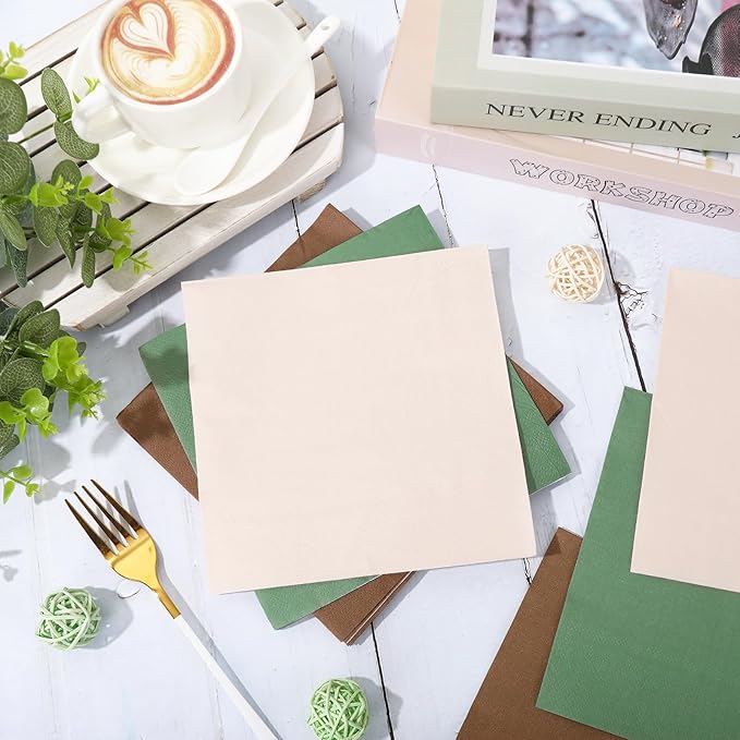 Whaline 150 Pcs Woodland Paper Napkin 3 Colors Dinner Napkin Beige Brown Green Disposable Luncheon Napkin for Woodland Baby Shower Party Supplies Table Decor