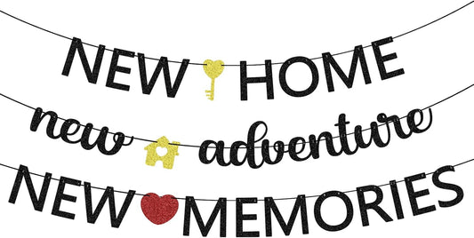 3Pcs New Home New Adventure New Memories Banner, Housewarming Party Decorations House Warming Family Reunion Party Backdrop Sign Black Glitter Supplies