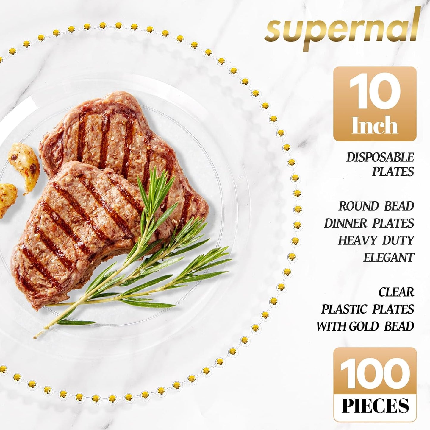 supernal 100 Pieces Clear Plastic Plates, 10 Inch Elegant Disposable Plates with Gold Rim, Heavy Duty Plastic Dinner Plates for Christmas, Thanksgiving, Party, Wedding and Birthday