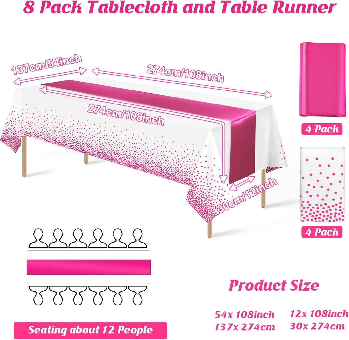 MASHAN 8Pack Disposable Plastic Party Tablecloths & Satin Table Runner Set - White Hot Pink Dot - Wedding, Birthday, Baby Shower - 54 x 108 Inch