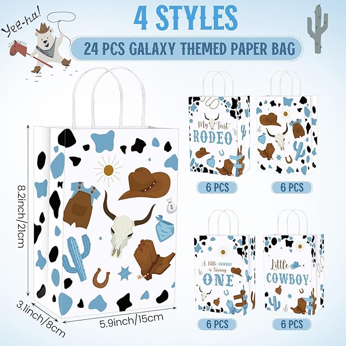 Gaillty 24 Pcs My First Rodeo Party Favor Bags 1st Rodeo Birthday Gift Bags Decorations Paper Cowboy Wild West Goodie Bag with Handles for Treat Candy Western Birthday Baby Shower Party Supplies