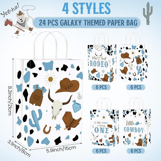 Gaillty 24 Pcs My First Rodeo Party Favor Bags 1st Rodeo Birthday Gift Bags Decorations Paper Cowboy Wild West Goodie Bag with Handles for Treat Candy Western Birthday Baby Shower Party Supplies