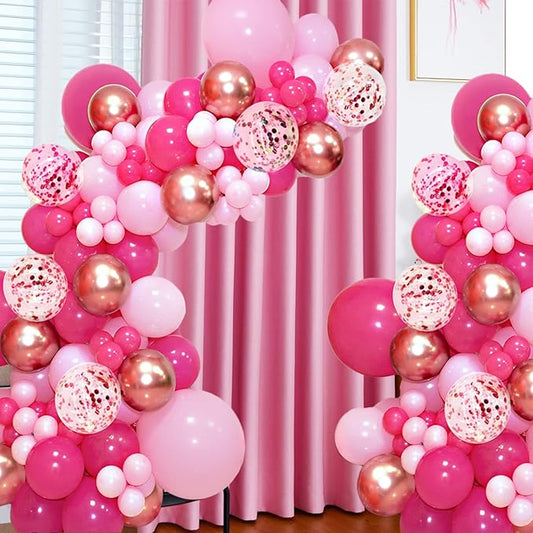 Pink Balloon Garland Arch Kit, 145pcs Hot Pink Rose Gold Balloons with Confetti Balloons for Mother's Day Decoration Girl's Birthday Bridal Baby Shower Princess Theme Party Background Decorations