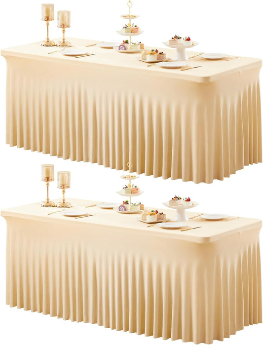 2 Packs Champagne Spandex Table Clothes for 4 Foot Rectangle Table, Spandex Table Covers 4FT Stretch Table Skirts Rectangle Tables Wrinkle Free Fitted Table Cover for Event, Wedding, Banquet & Parties