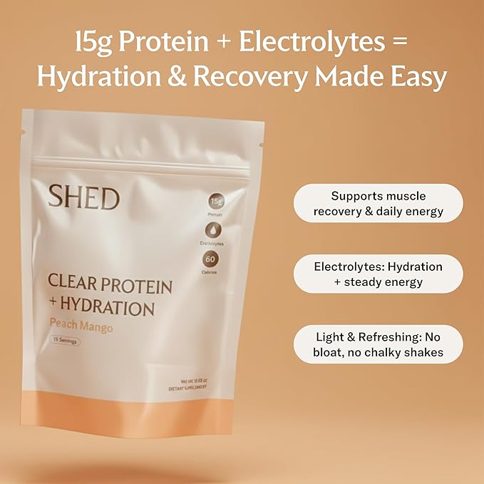 Clear Protein Powder with Electrolytes by Shed, 15g Whey Protein Isolate, Low Calorie and Lactose Free, Light and Clean Hydration Drink, Bloat-Free Post Workout Supplement, Peach Mango (15 Servings)