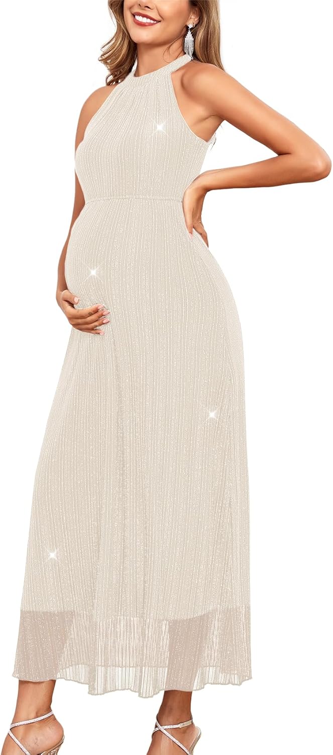 Maternity Sparkly Mesh Dress Halter Neck Sleeveless A Line Pregnancy Dresses Semi Formal Baby Shower Photoshoot