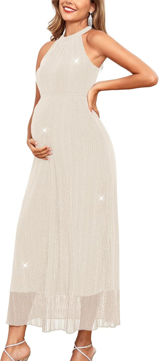 Maternity Sparkly Mesh Dress Halter Neck Sleeveless A Line Pregnancy Dresses Semi Formal Baby Shower Photoshoot