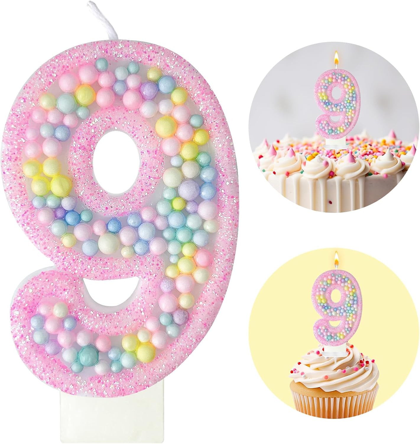 Zlongron Birthday Number Candles, Handmade Macaron 3D Flash Number 9 Candle, Suitable for Girls and Boys' Birthdays, Weddings, Anniversaries, Theme Party Cake Decorations