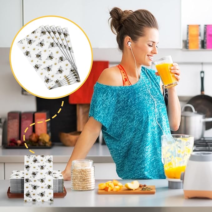 Karenhi 200 Pcs Honey Bee Party Supplies Disposable Hand Towel for Bathroom 2 Ply Spring Yellow Decorative Napkins Floral Bathroom Paper Hand Towels for Honey Bee Birthday Baby Shower Party Decoration