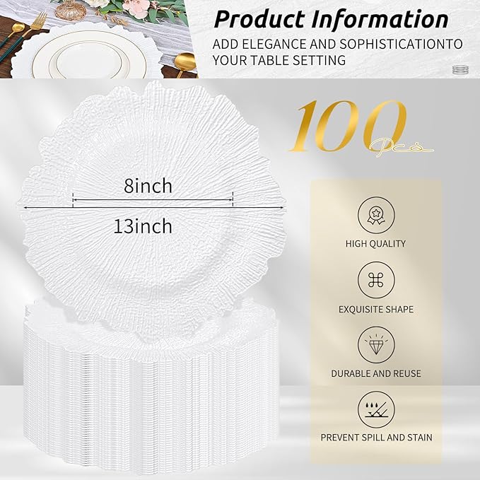 Pesonlook 100Pcs White Charger Plates Round 13inch, Reef Plate Chargers for Dinner, Bulk Plastic Floral Table Charger Plates for Dinner Wedding Party Event Table Setting Decoration(White)