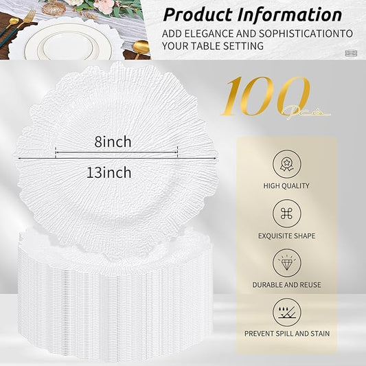 Pesonlook 100Pcs White Charger Plates Round 13inch, Reef Plate Chargers for Dinner, Bulk Plastic Floral Table Charger Plates for Dinner Wedding Party Event Table Setting Decoration(White)