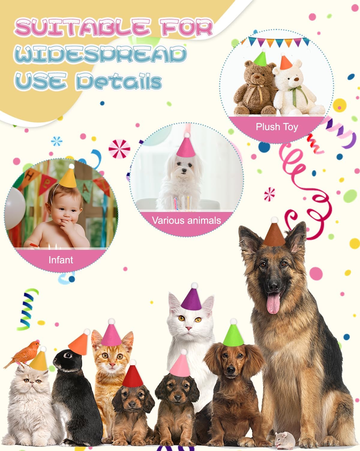 16Pcs Mini Birthday Party Hats for Stuffed Animals, Felt Small Party Hats, Reusable Party Animal Decorations,Cat Birthday Hat