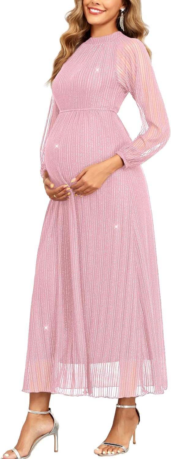 Maternity Sparkly Mesh Dress Halter Neck Sleeveless A Line Pregnancy Dresses Semi Formal Baby Shower Photoshoot