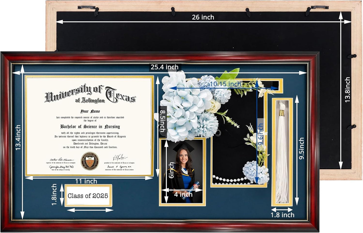 GraduationMall Class of 2025 Graduation Frame for 8.5x11 Diploma & 4x6 Photo with Graduation Cap & Tassel Holder, Cherry Wood Display Case with Navy Gold Mat