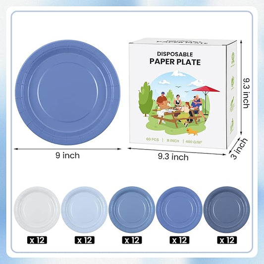 Kochorie 60 Pieces Dusty Blue Disposable Paper Plates 9 Inch Heavy Duty Dinner Plates, Solid Color, Table Decorations Party Supplies for Birthdays, Weddings, Daily Use