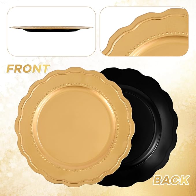 36 Pcs Gold Charger Plates with Wavy Edges, 13 Inch Round Bulk Charger Plate,Elegant Reusable Plastic Dinner Chargers Plates for Wedding Holiday Party Baby Shower Event Decoration (Gold)