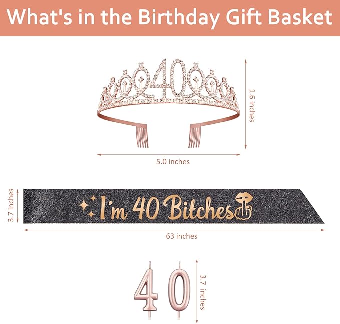 40th Birthday Decoration for Women with I'm 40 Bitches Sash, Rose Gold Tiara, Rose Gold Numbers 40 Candles, Sincere 40th Birthday Gifts for Women