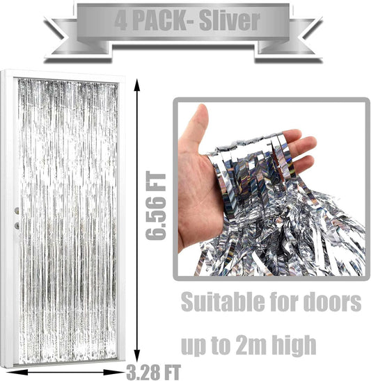 4 Pack Silver Foil Fringe Curtain Backdrop, 3.28Ft x 6.56Ft Metallic Tinsel Foil Fringe Streamers Curtains for Photo Booth, Wedding, Thanksgiving, Birthday, Christmas, Halloween Party Decoration