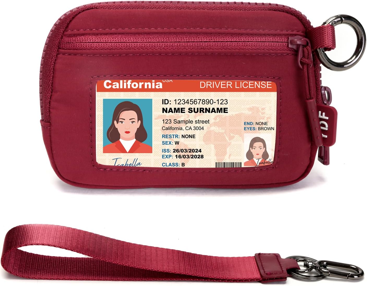 YDF Keychain Wallet for Women Mini Zip Card Holder with ID Window Coin Purse Detachable Wristlet Small Wallets Burgundy