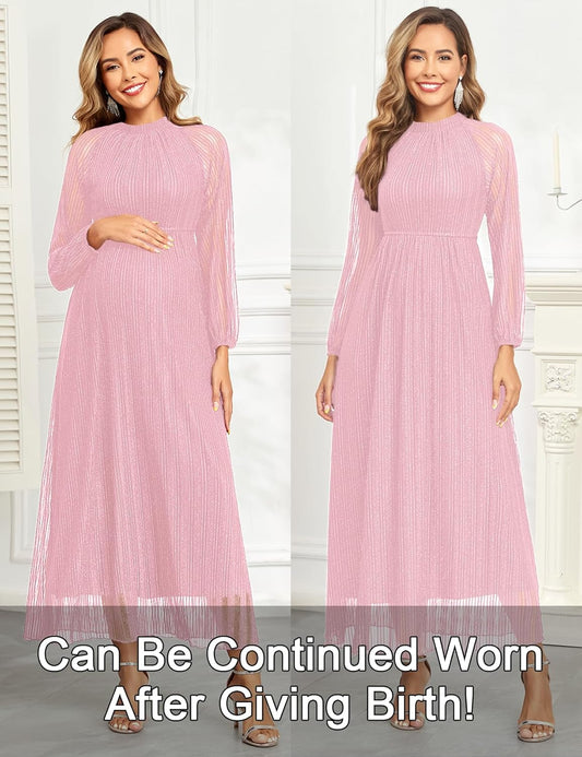 Maternity Sparkly Mesh Dress Halter Neck Sleeveless A Line Pregnancy Dresses Semi Formal Baby Shower Photoshoot