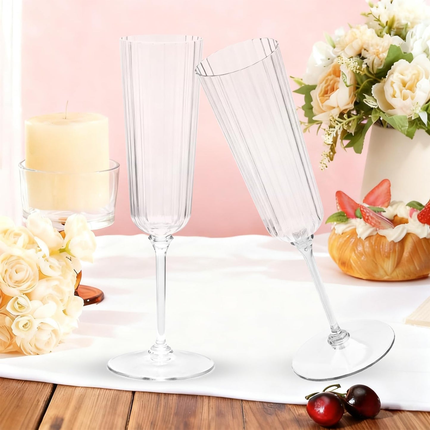 48 Pack Clear Champagne Flutes Plastic, Stripe Detachable Acrylic Champagne Glasses, Disposable Cocktail Drinking Cups, Reusable Wine Flutes, Cocktail Toasting Glasses for Wedding, Party