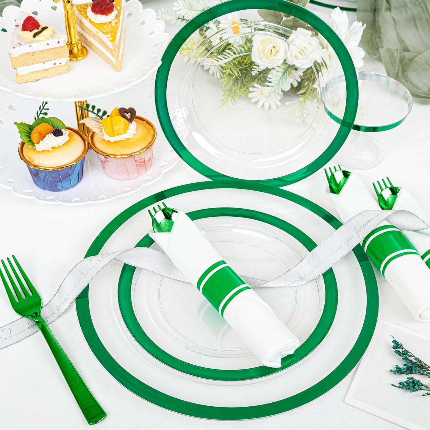 I00000 210 Pcs Green Plastic Plates-St. Patrick's Day Green Dinnerware for Party, Include 30 Dinner and 30 Dessert Plates,30 Plastic Cups 9 OZ,30 Per Rolled Napkins with Cutlery for Party