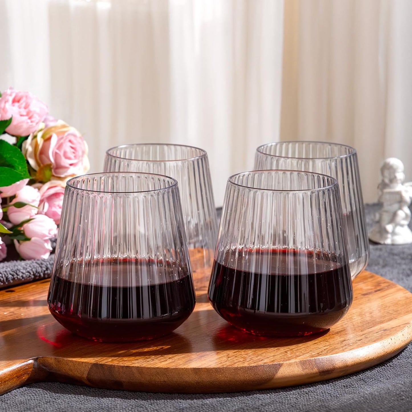 Ciaell 30 Pack Plastic Ribbed Wine Glasses - 14 OZ Thicker Origami Stemless Disposable Wine Champagne Whiskey Unbreakable Clear Cocktail Glass, Reusable Wine Cups for Home Party Wedding Bar