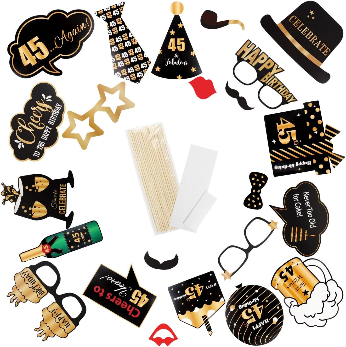 LINGTEER Happy 45th Birthday Party Photo Booth Props,Cheers to 45th Birthday 45th Years Old Bday Party Centerpieces Props Decorations Sign.