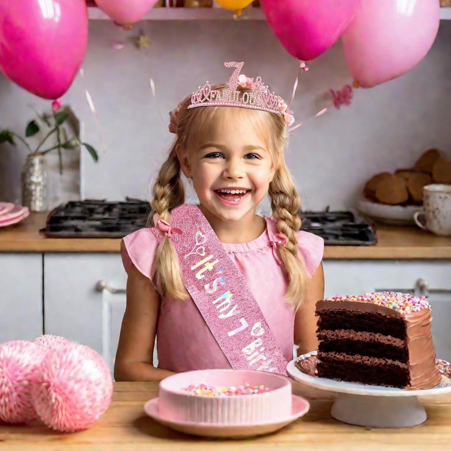 7th Birthday Decorations for Girls Set - Happy 7th Birthday Princess Crown and Glitter Sash, 7 Year Old Girl Tiara Party Decorations Supplies Outfit Accessory Gifts