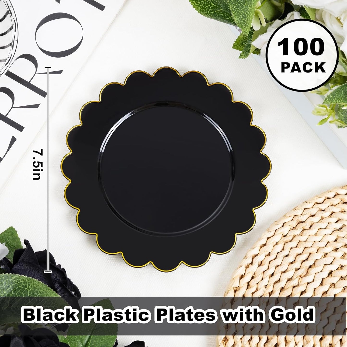 LIYH 100 Pcs Black Plastic Scalloped Plates - Disposable Dessert Plates with Elegant Gold Rim Cake Plate Disposable for Salad Parties Cass Reunions Wedding