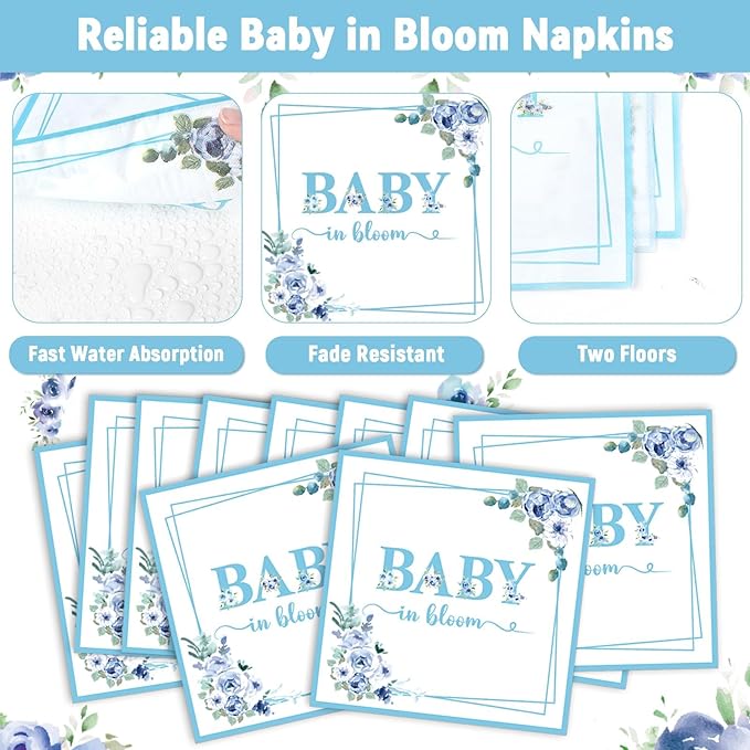 96Pcs Baby In Bloom Baby Shower Party Supplies Blue Flower Paper Plates Napkins Floral Shower Party Decorations Boy Girl Birthday Dinnerware Favor Tableware Serves 24