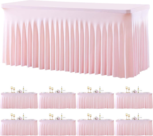 8 Pack Spandex Pink Fitted Table Cloth for 6ft Rectangle Tables Pink Stretch Tablecloth Table Covers Skirt Banquet Wrinkle Free Tablecloths for Parties Wedding