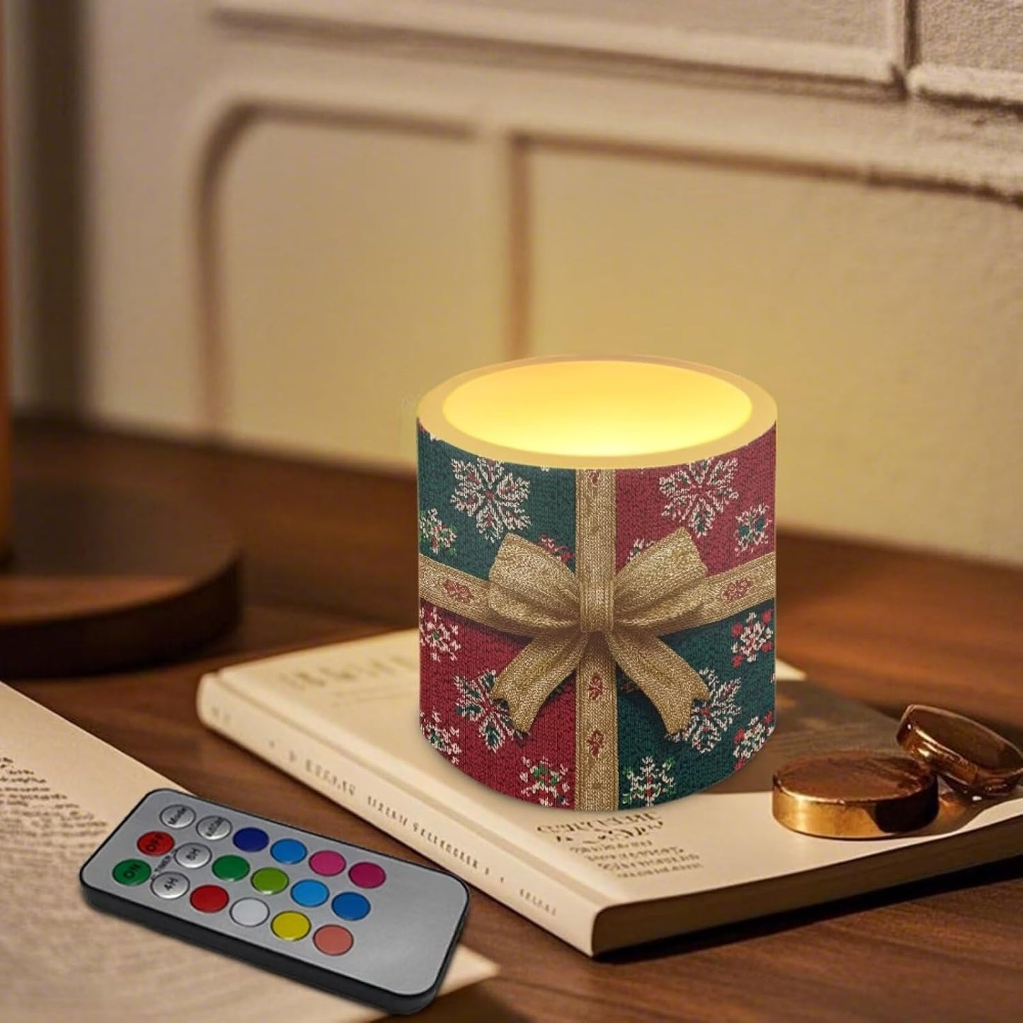Poceacles 4 PCS Christmas Decor LED Candles with Remote Control Flameless 4/8 Hours Timer Multi-Color Night Lights for Weddings Parties Indoor Outdoor Decor, Bow Snowflake Pattern Green Red