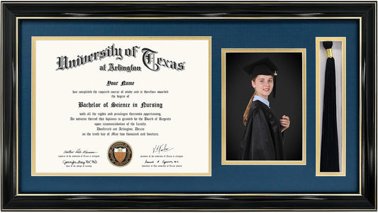 GraduationMall 11x22 Black Diploma Frame with Tassel Holder and Picture for 8.5x11 Certificate 5x7 Photo,Tempered Glass,Navy over Gold Mat
