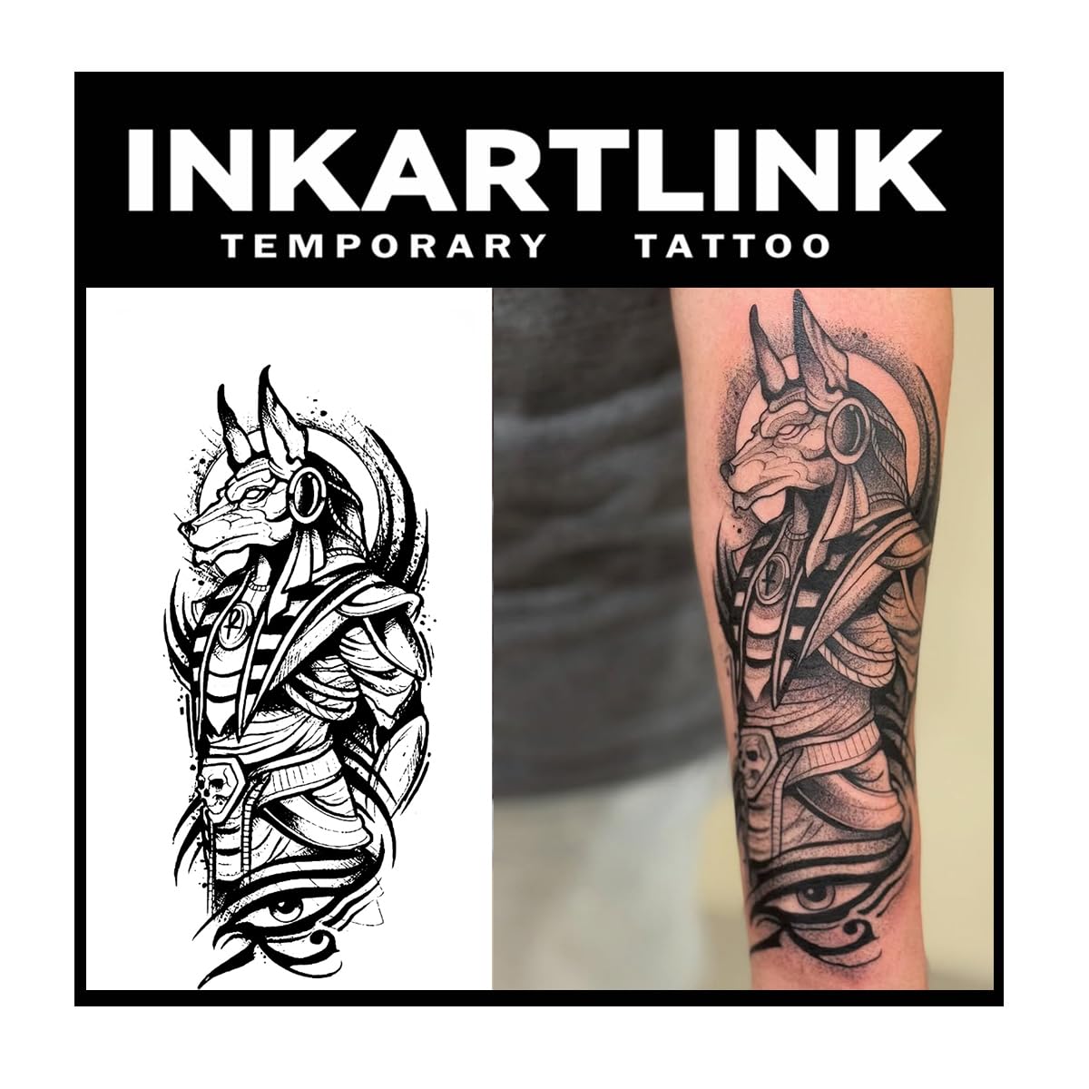 INKARTLINK Tattoo Tech, 2 Sheets Large Semi Permanent Tattoo, Adult Art Design Temporary Tattoos, Lasts 1-2 Weeks, Waterproof, Realistic Look, No Adhesive, No Reflection (Anubis Design)